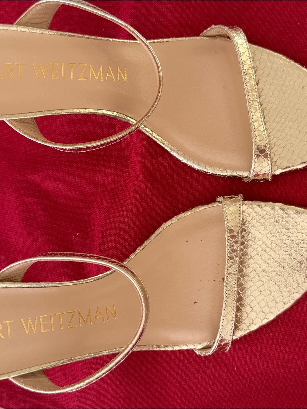 Stuart Weitzman Metallic Gold Snake-Embossed Strappy Sandals